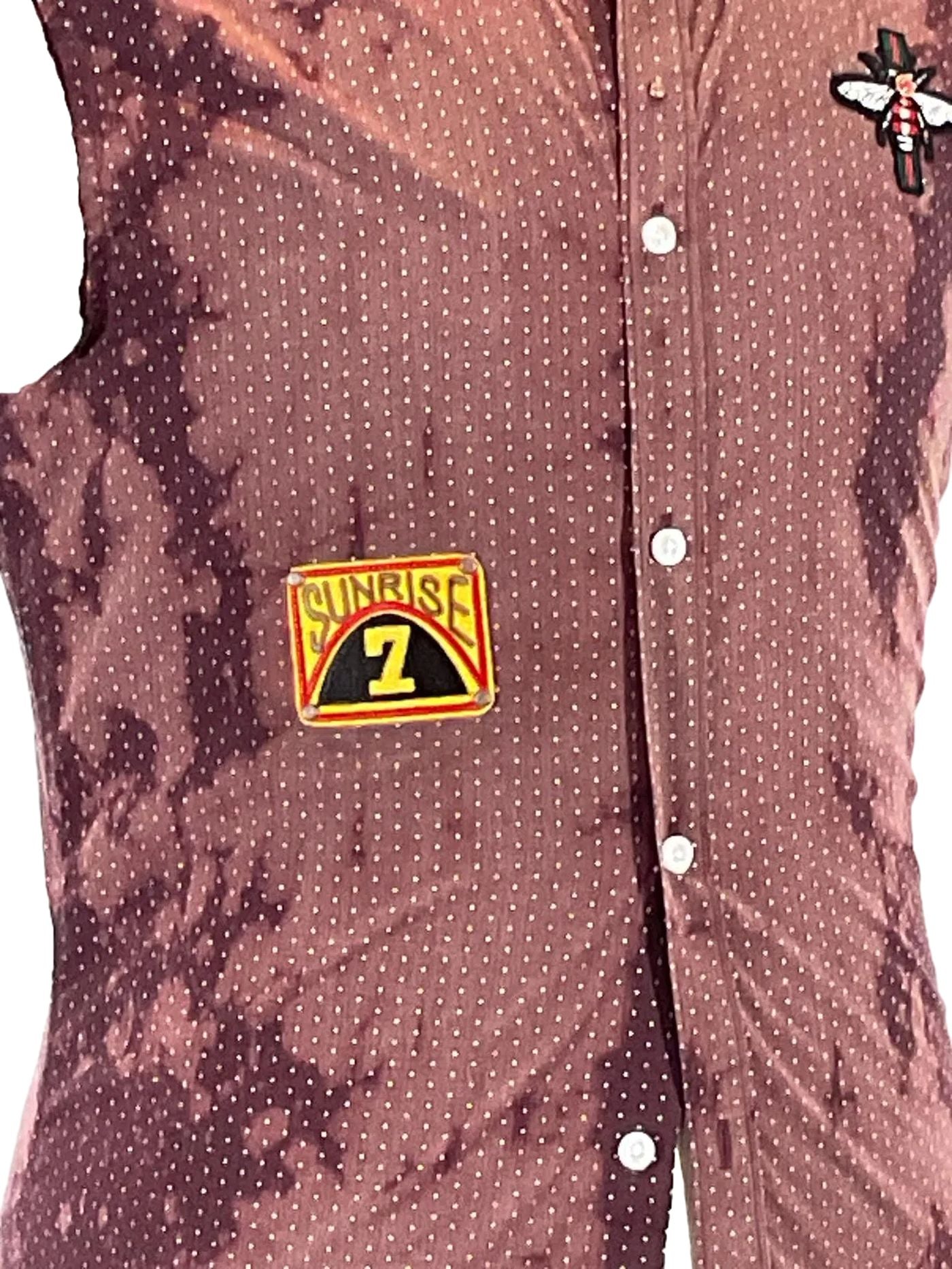 GET IN THERE Men's Custom Sleeveless Shirt, featuring a close-up of button detailing and collar, showcasing the distinctive, bold design of DEVIOUS SAINT.