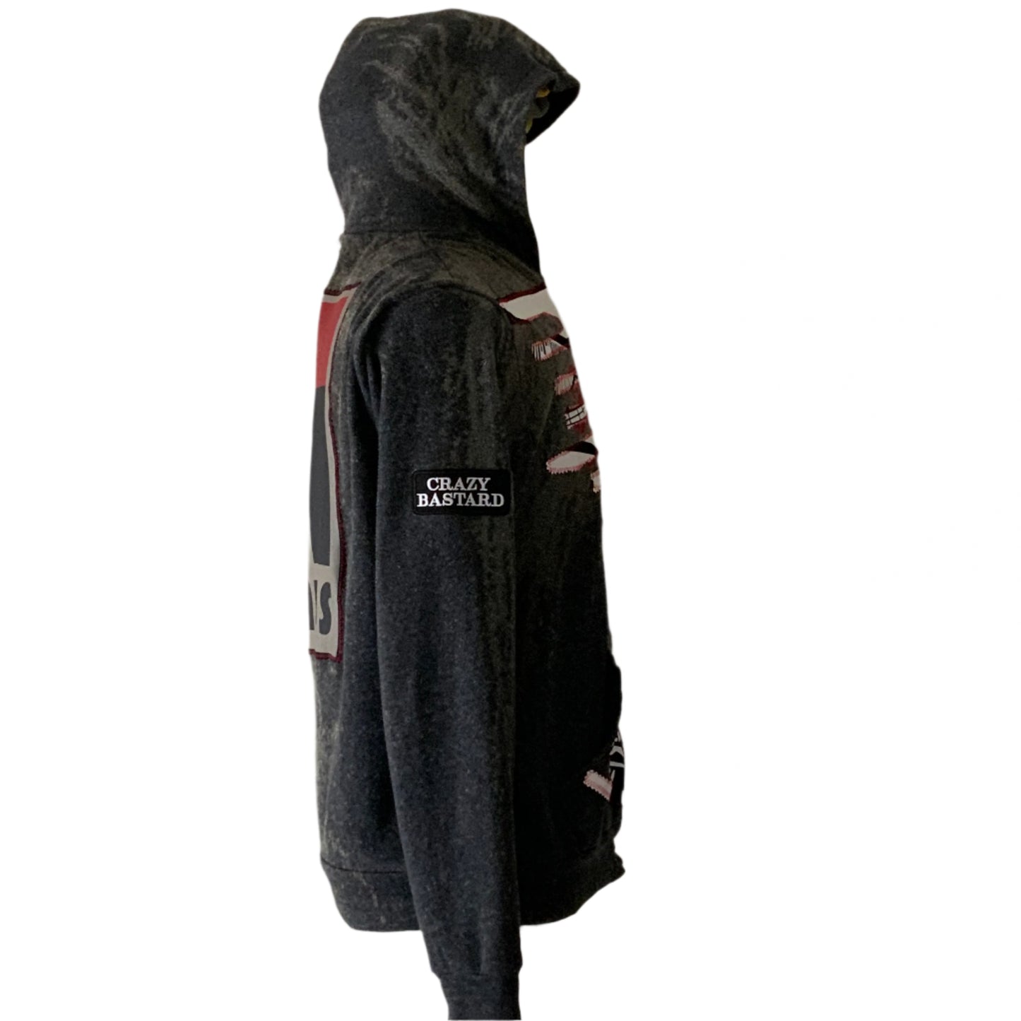 BAUHAUS Custom Men's Hoodie in medium, featuring a side view of a charcoal hoodie with a distressed front graphic and CRAZY BASTARD sleeve patch.
