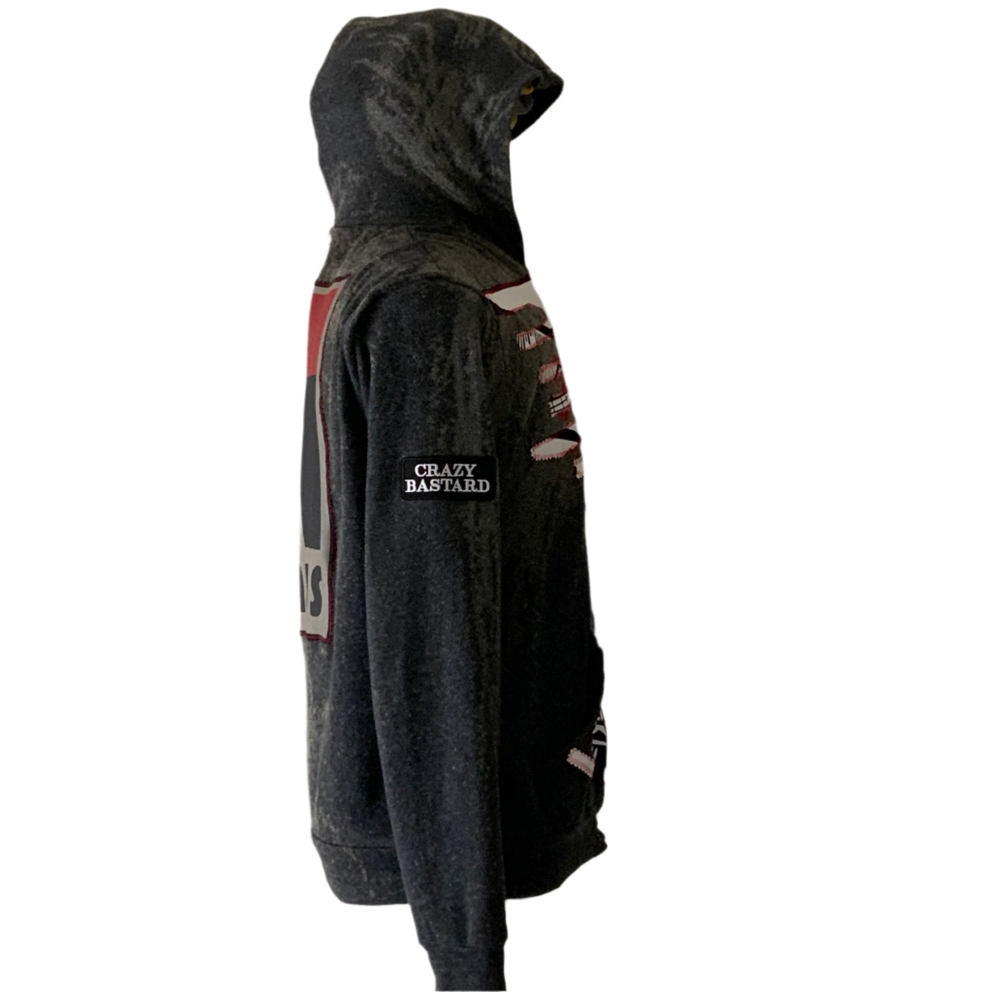 BAUHAUS Custom Men's Hoodie in medium, featuring a side view of a charcoal hoodie with a distressed front graphic and CRAZY BASTARD sleeve patch.