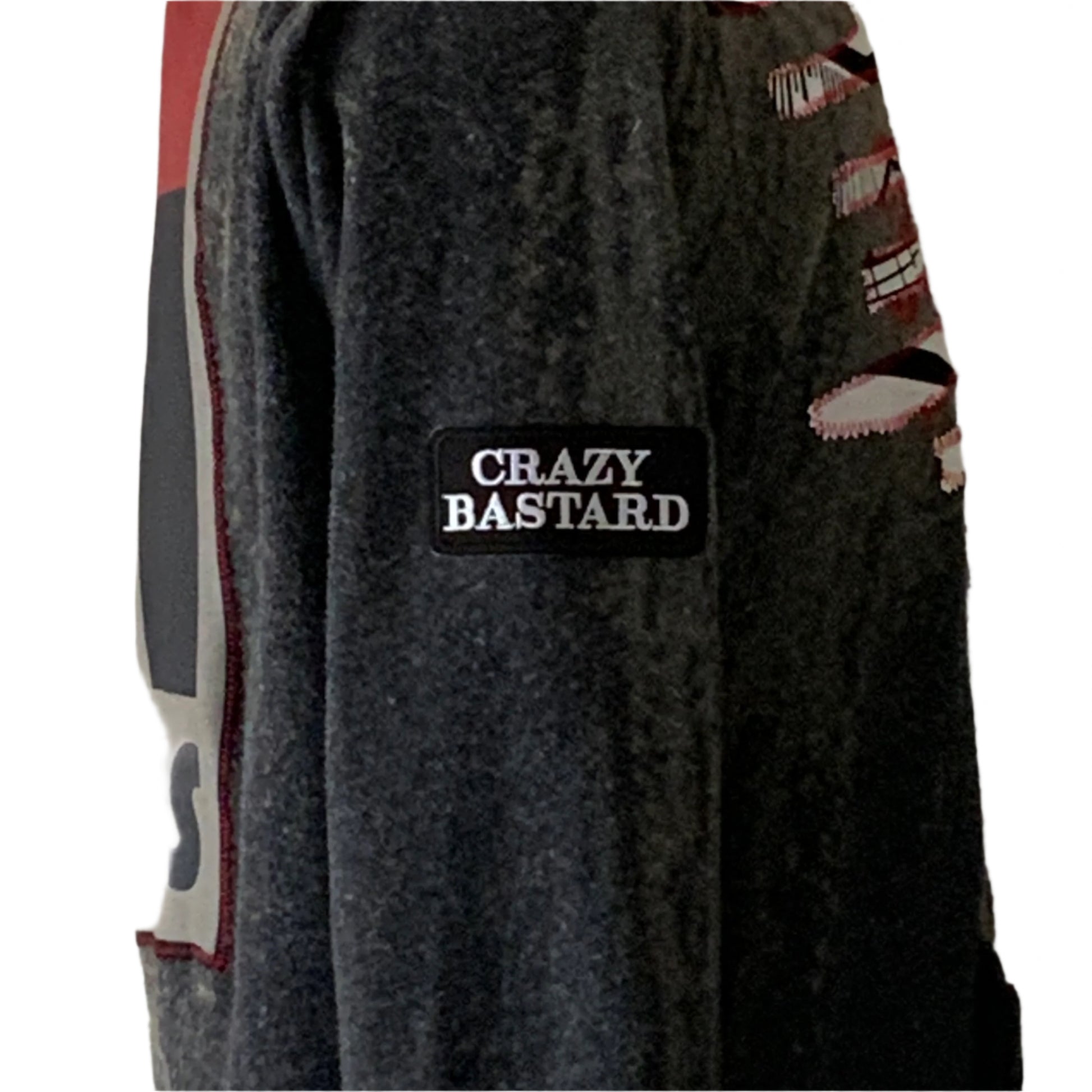 BAUHAUS Custom Men's Hoodie, Medium: Dark-gray sleeve with CRAZY BASTARD patch, distressed elbow detailing, embodies minimalist, bold design from pre-owned cotton.