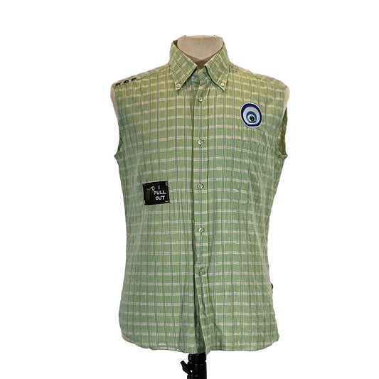 TYPEWRITER Men's Custom Sleeveless Shirt in green and white plaid, featuring a unique patch, medium size, crafted from pre-owned cotton by DEVIOUS SAINT.