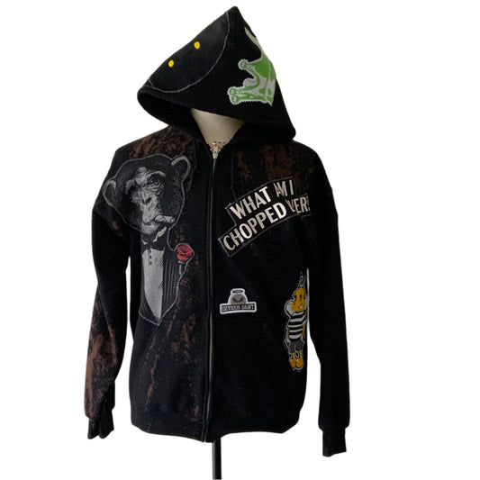KING | Custom Men's Hoodie | LARGE featuring graphic patches, bleached splatter, and unique details like a tuxedo chimp and cartoon bee.