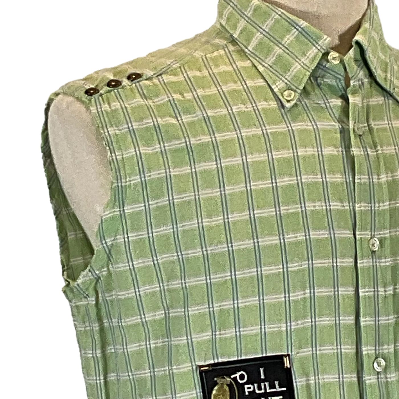 TYPEWRITER Men's Custom Sleeveless Shirt, featuring a green and white plaid pattern, tailored from pre-owned cotton with a buttoned collar and detailed fabric design.