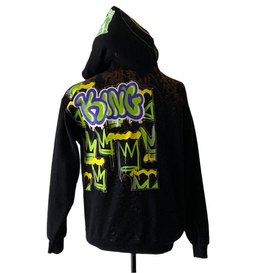 KING | Custom Men's Hoodie | LARGE, featuring a graffiti-style KING graphic with crown motifs, distressed bleach-splatter look, capturing bold street-wear essence.