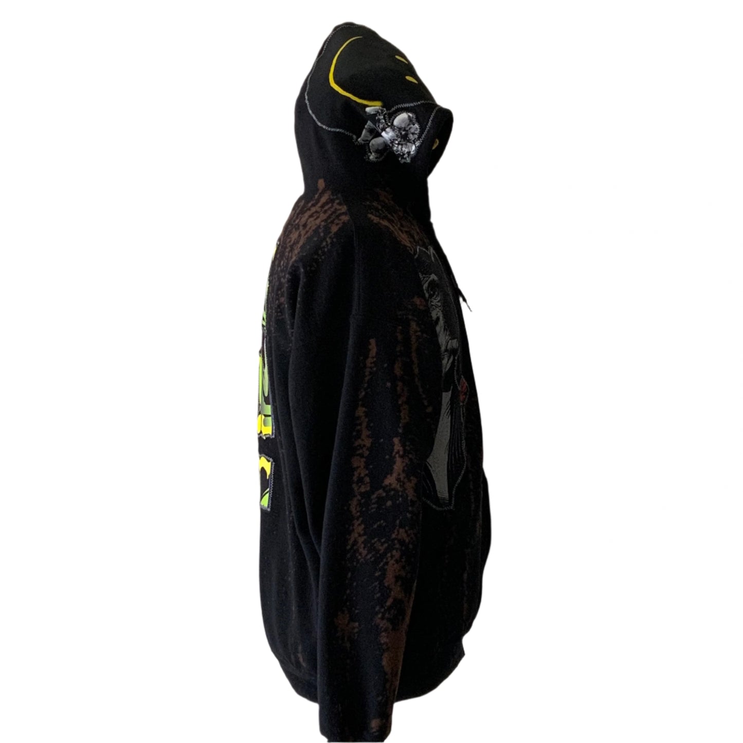 KING | Custom Men's Hoodie | LARGE, featuring a distressed black fabric with neon-green/yellow design on the back, showcasing bold, distinctive wearable art from DEVIOUS SAINT.