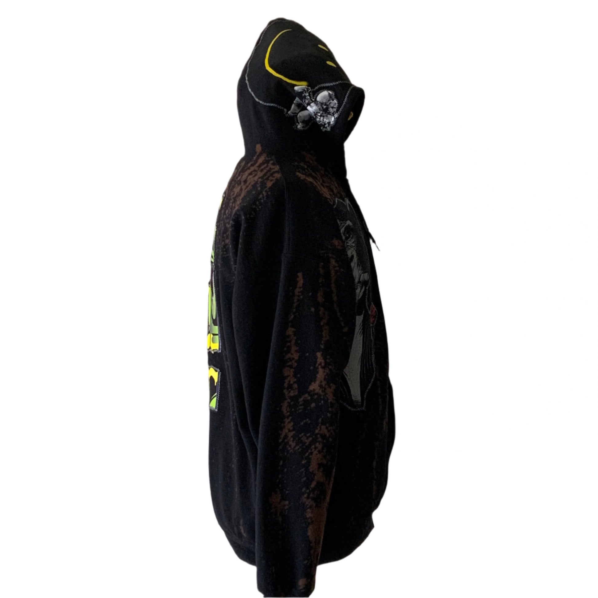 KING | Custom Men's Hoodie | LARGE, featuring a distressed black fabric with neon-green/yellow design on the back, showcasing bold, distinctive wearable art from DEVIOUS SAINT.