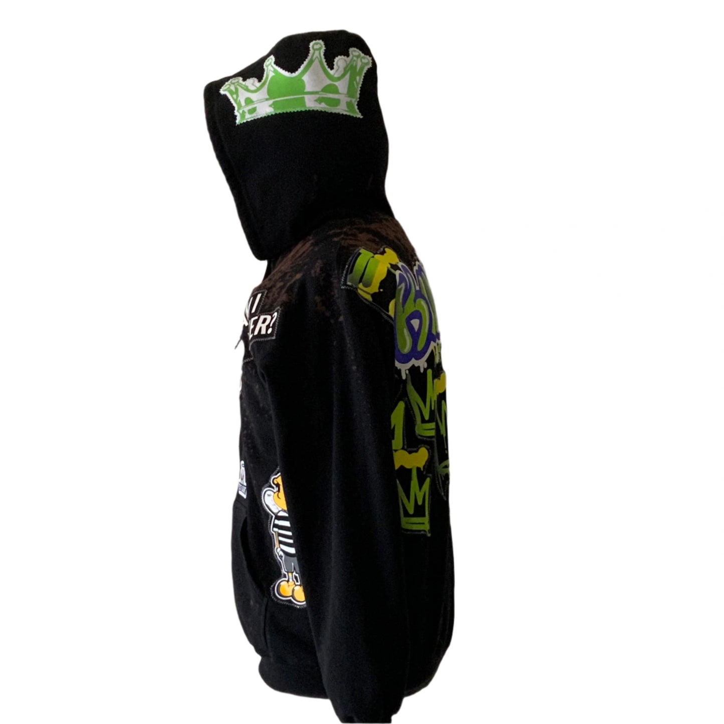 KING | Custom Men's Hoodie | LARGE, featuring street-art graphics, a green crown hood, graffiti tags, and a cartoon patch on a black base.