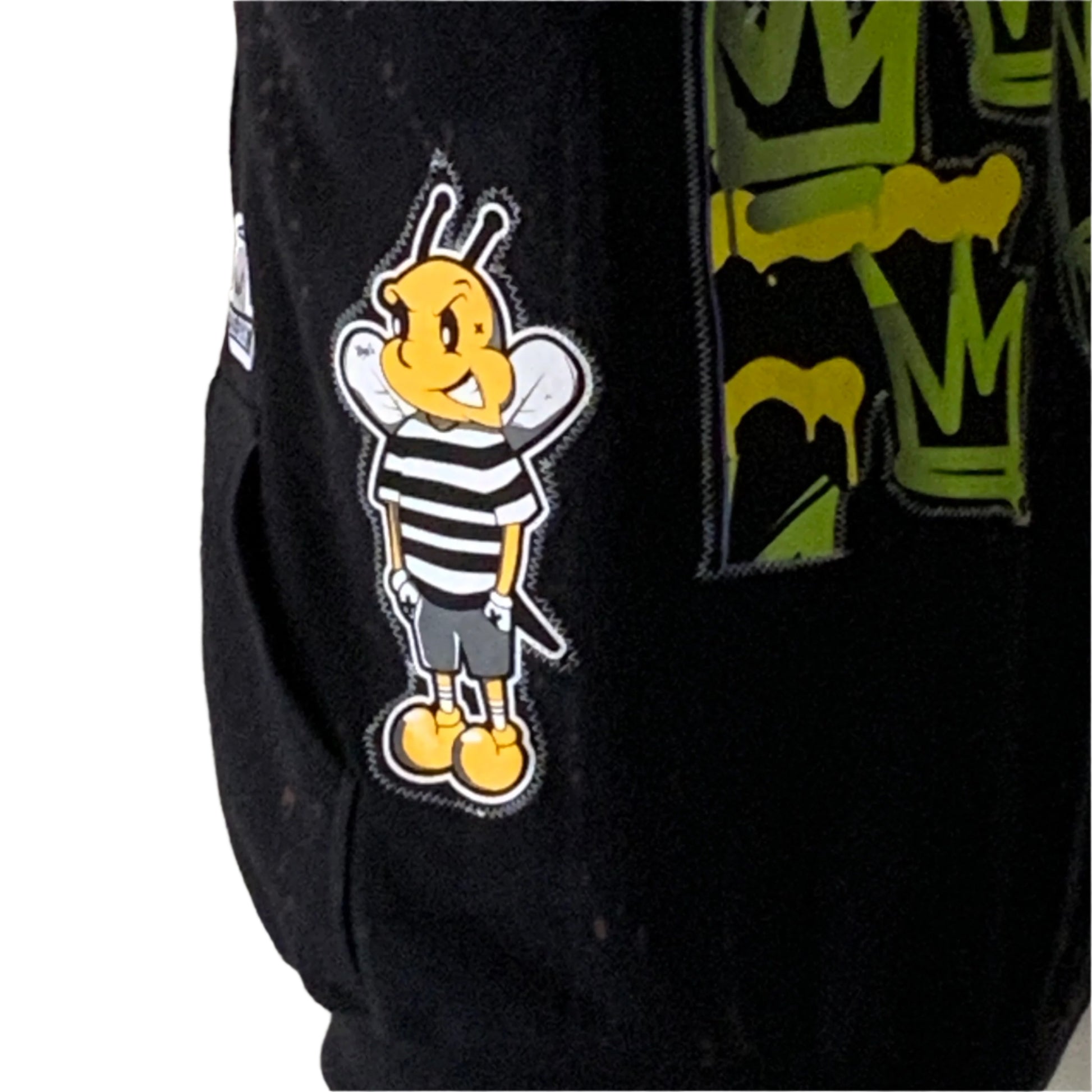 KING | Custom Men's Hoodie | LARGE features a cartoon bee in a black-and-white striped tee, graffiti-style motif, emphasizing unique, bold design by DEVIOUS SAINT.