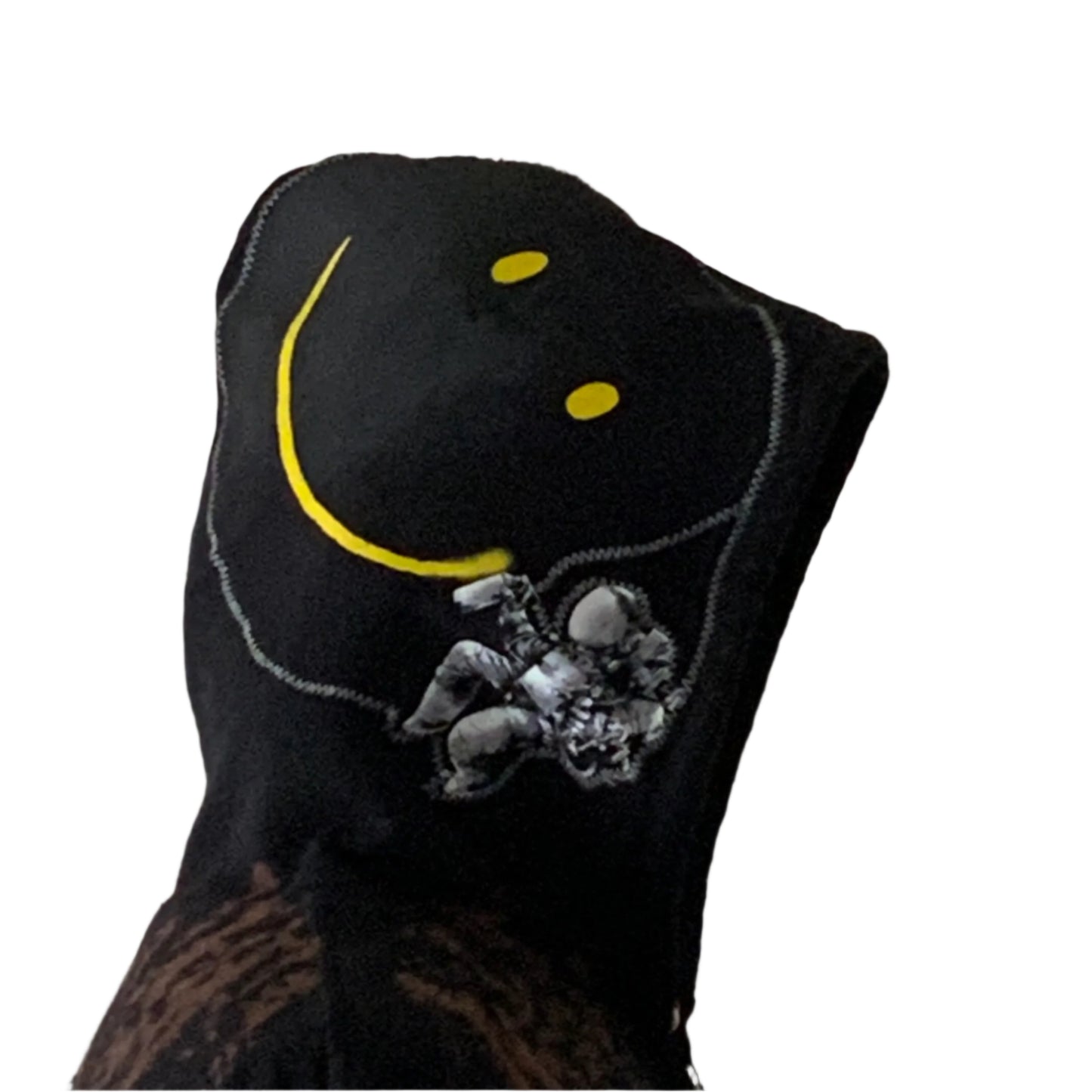 KING | Custom Men's Hoodie | LARGE features a black knit head-cover with a yellow smiley face and embroidered astronaut detail, reflecting Devious Saint's unique, bold aesthetic.
