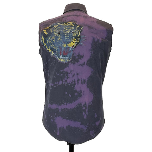 VINTAGE TIGER Men's Custom Sleeveless Shirt featuring a bold tiger head design on a purple base, crafted from pre-owned cotton.