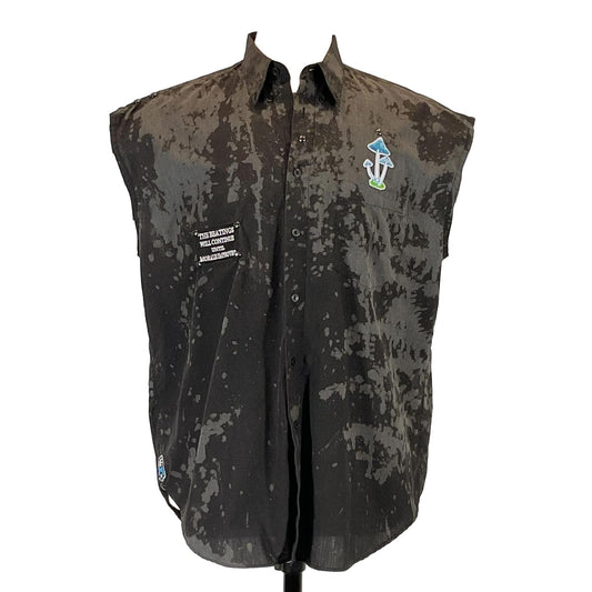 YAKUZA Men's Custom Sleeveless Shirt with unique patches, size large, from DEVIOUS SAINT. Bold, distinctive design showcasing wearable art.