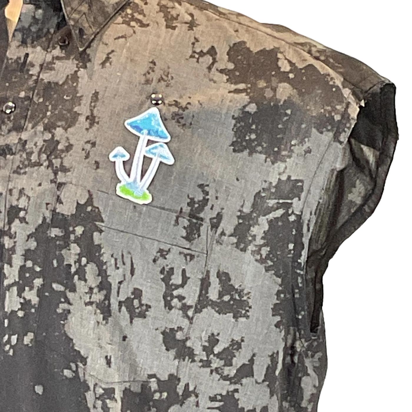 YAKUZA Men's Custom Sleeveless Shirt, featuring intricate mushroom design, exemplifies DEVIOUS SAINT's unique wearable art approach. Size Large, tailored for bold style.