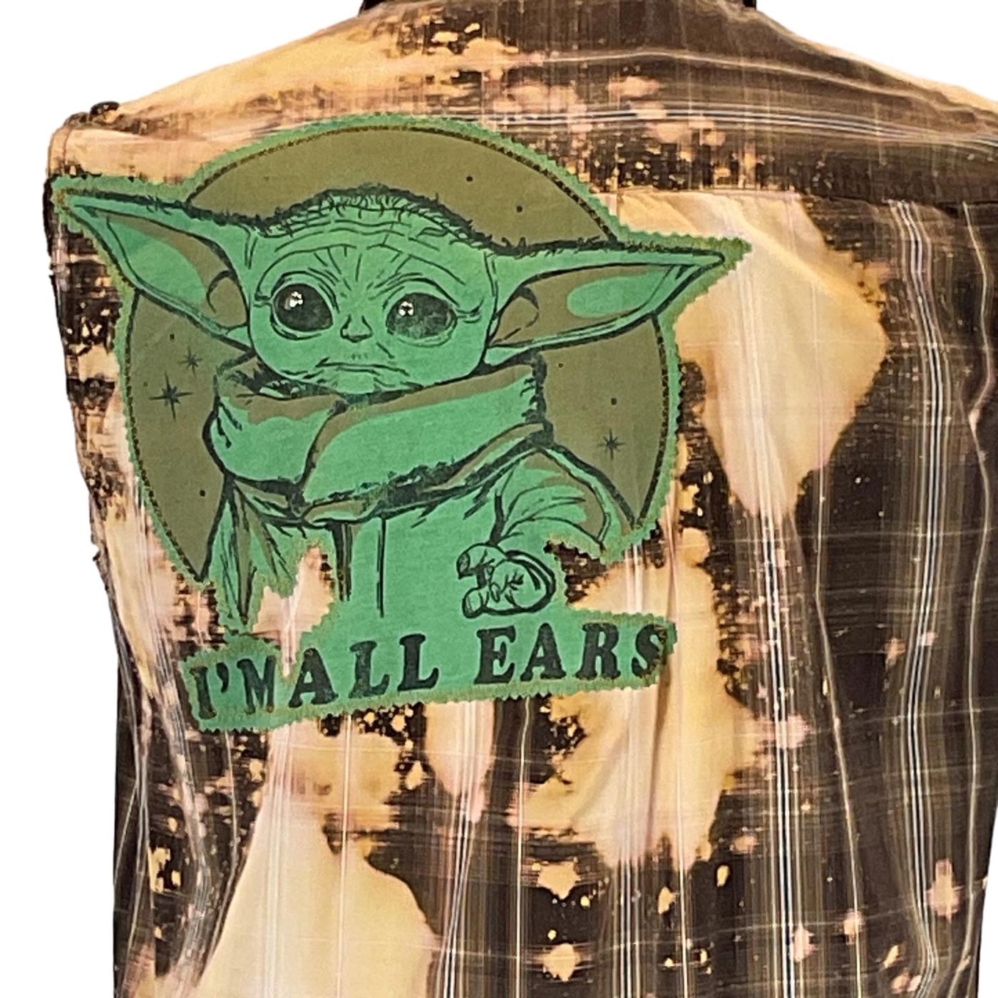 BABY JODA Custom Men's Sleeveless shirt featuring a unique green patch with a cartoon character, reflecting the bold, artistic style of DEVIOUS SAINT.