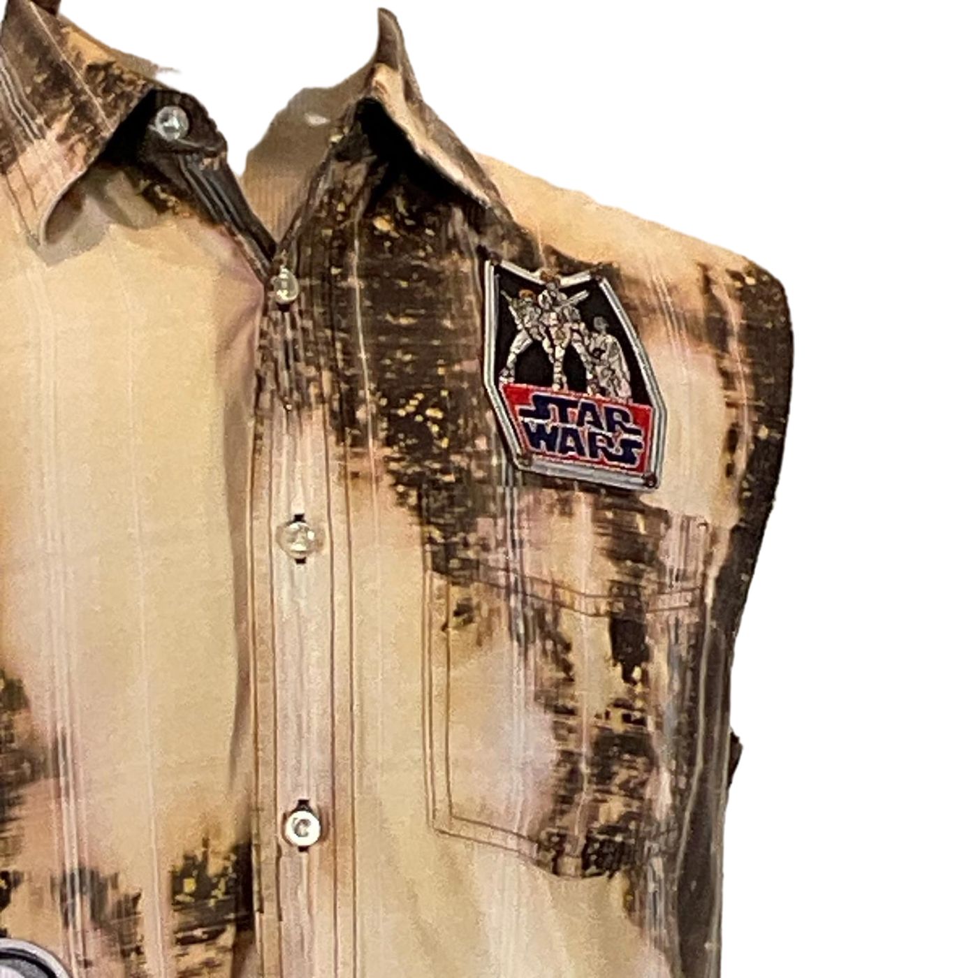 Close-up of BABY JODA Custom Men's Sleeveless shirt showcasing collar and fabric detail, aligning with DEVIOUS SAINT's unique, bold fashion ethos.
