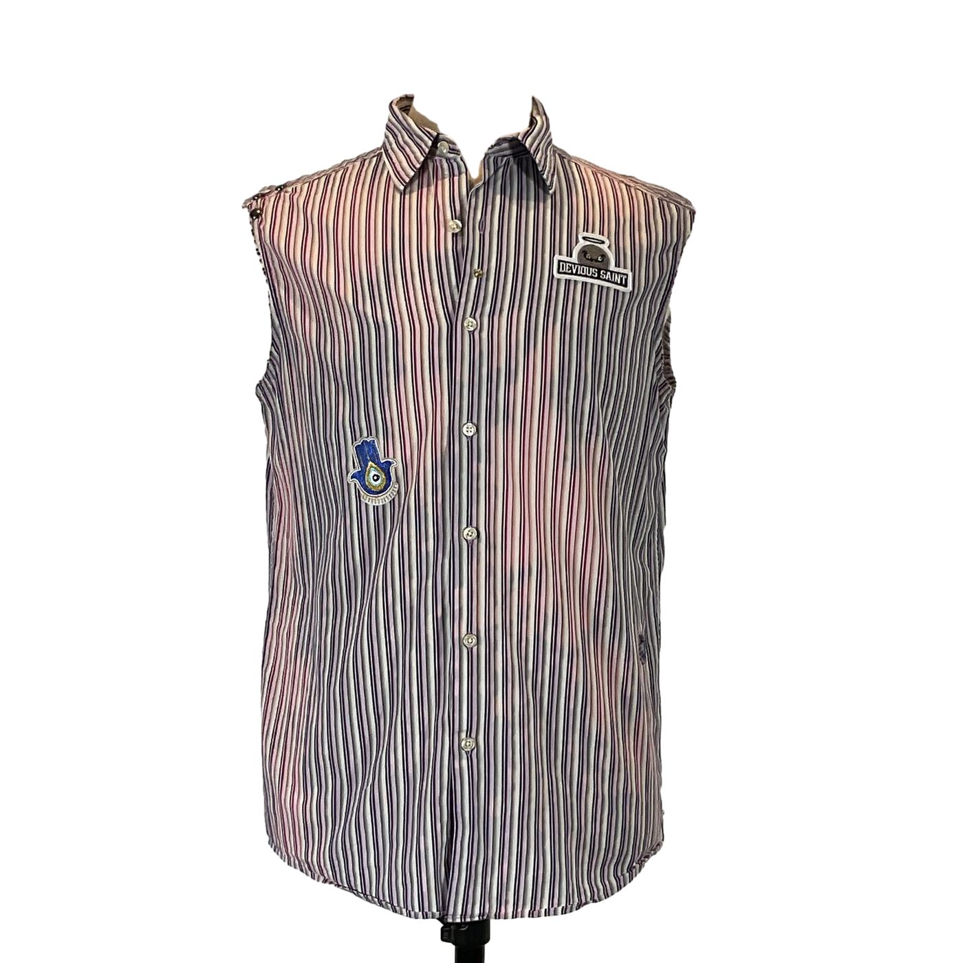 NEW PIG Mens Custom Sleeveless Shirt on mannequin, featuring bold stripes and a unique hamsa patch, embodying wearable art from pre-owned cotton garments.