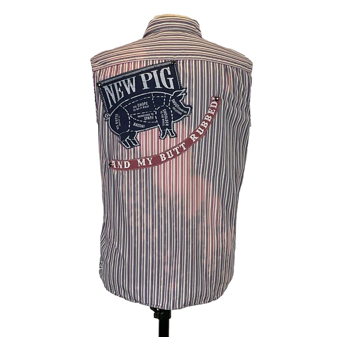 NEW PIG Mens Custom Sleeveless Shirt displayed on a mannequin, showcasing its unique design as wearable art from pre-owned cotton garments by DEVIOUS SAINT.