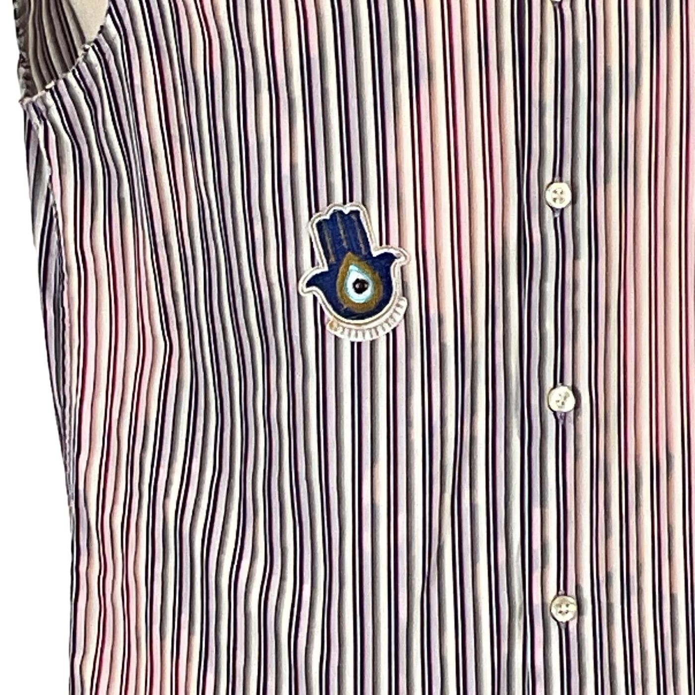 NEW PIG Mens Custom Sleeveless Shirt featuring a detailed blue and gold hamsa design on fabric, exemplifying unique wearable art by DEVIOUS SAINT.