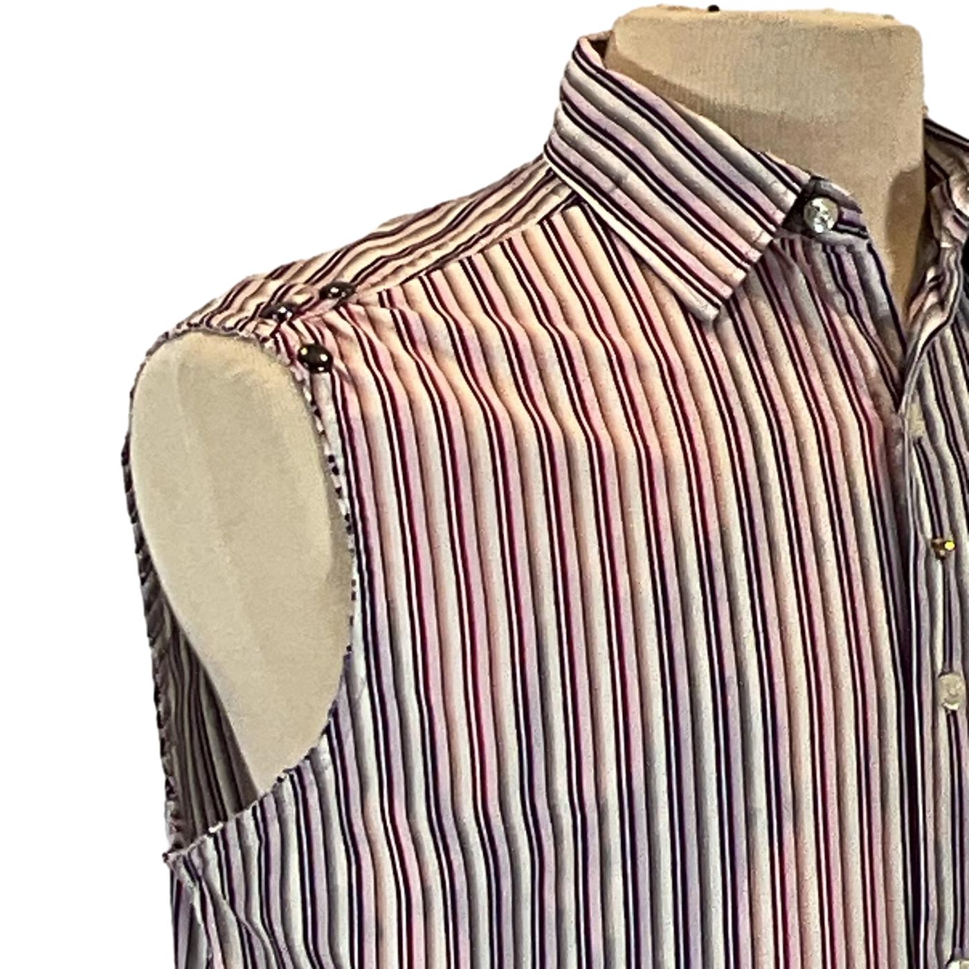 NEW PIG Mens Custom Sleeveless Shirt featuring a bold pattern and buttons, showcasing the unique wearable art style of DEVIOUS SAINT.