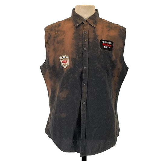SMILE BRO Men's Custom Sleeveless Shirt featuring patches, emphasizing a bold, unique design, perfect for those seeking distinctive wearable art.