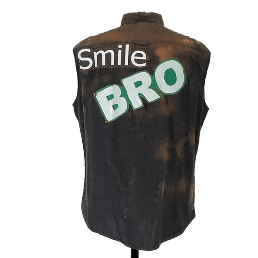 SMILE BRO Men's Custom Sleeveless Shirt, featuring white text on a black vest, embodies Devious Saint's unique and bold wearable art style.