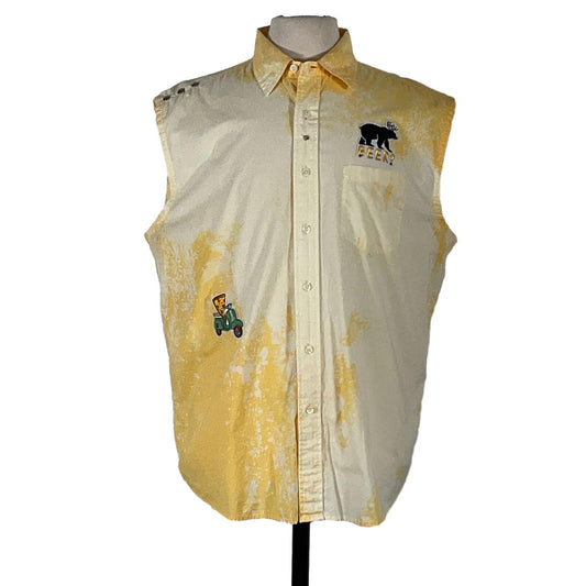 PALM SPRINGS Men's Custom Sleeveless Shirt featuring a bold cow and motorcycle design, capturing the distinctive style of DEVIOUS SAINT's wearable art.