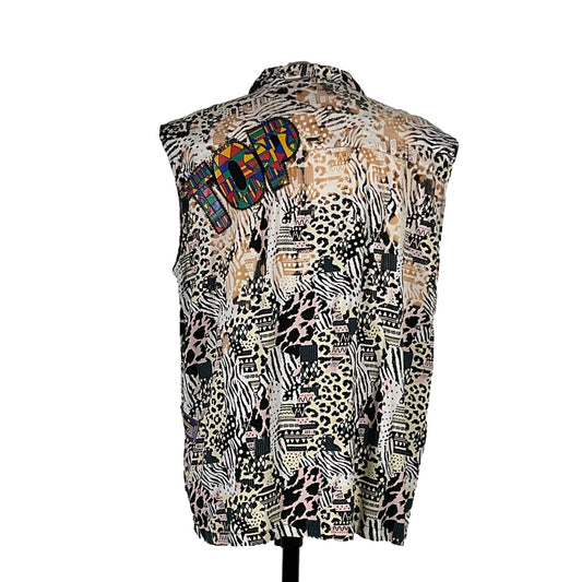 Men's custom sleeveless shirt with animal print and patch design, showcasing distinctive, bold wearable art by DEVIOUS SAINT.