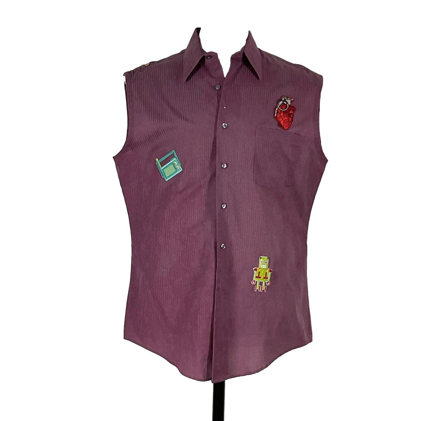 ATARI Men's Custom Sleeveless Shirt with patches, showcasing unique design and bold style, crafted for individuality and creativity. Size Large, 100% cotton.