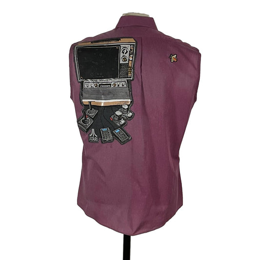 ATARI Men's Custom Sleeveless Shirt featuring a television and bee graphic on the back, reflecting bold, distinctive wearable art by DEVSIOUS SAINT.