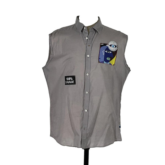 DIFFERENT IS BEAUTIFUL Men's Custom Sleeveless Shirt featuring unique patches, emphasizing individuality and bold style, from the DEVIOUS SAINT collection.