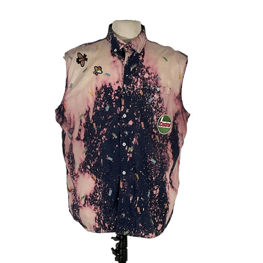 DON'T ASK ME... Men's Custom Sleeveless Shirt displayed on a mannequin, featuring a unique pink and black vest design with artistic patches.