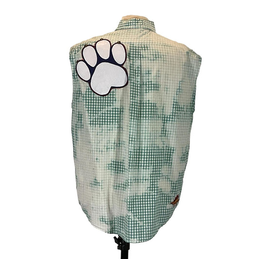 PAW Men's Custom Sleeveless Shirt featuring a green and white plaid design with a distinctive paw patch on the back, in size Large.