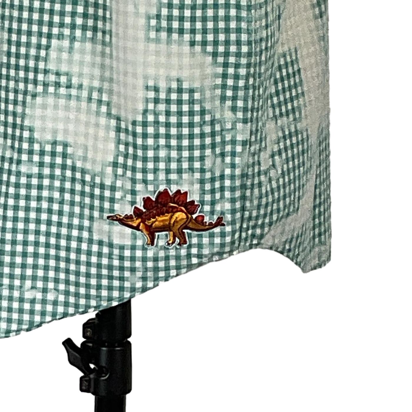 PAW Men's Custom Sleeveless Shirt featuring green and white plaid with a playful dinosaur patch, crafted from 100% cotton for a bold, unique look.