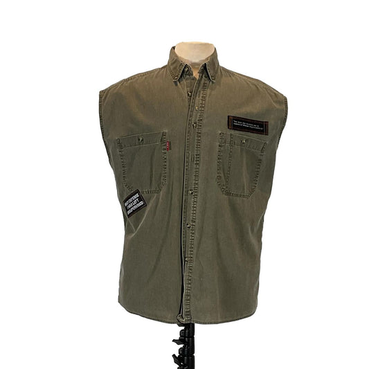 FESTIVE AS FUCK Men's Custom Sleeveless Shirt on a mannequin, military green with patches, showcasing distinctive, bold design. Medium size for unique, artistic expression.