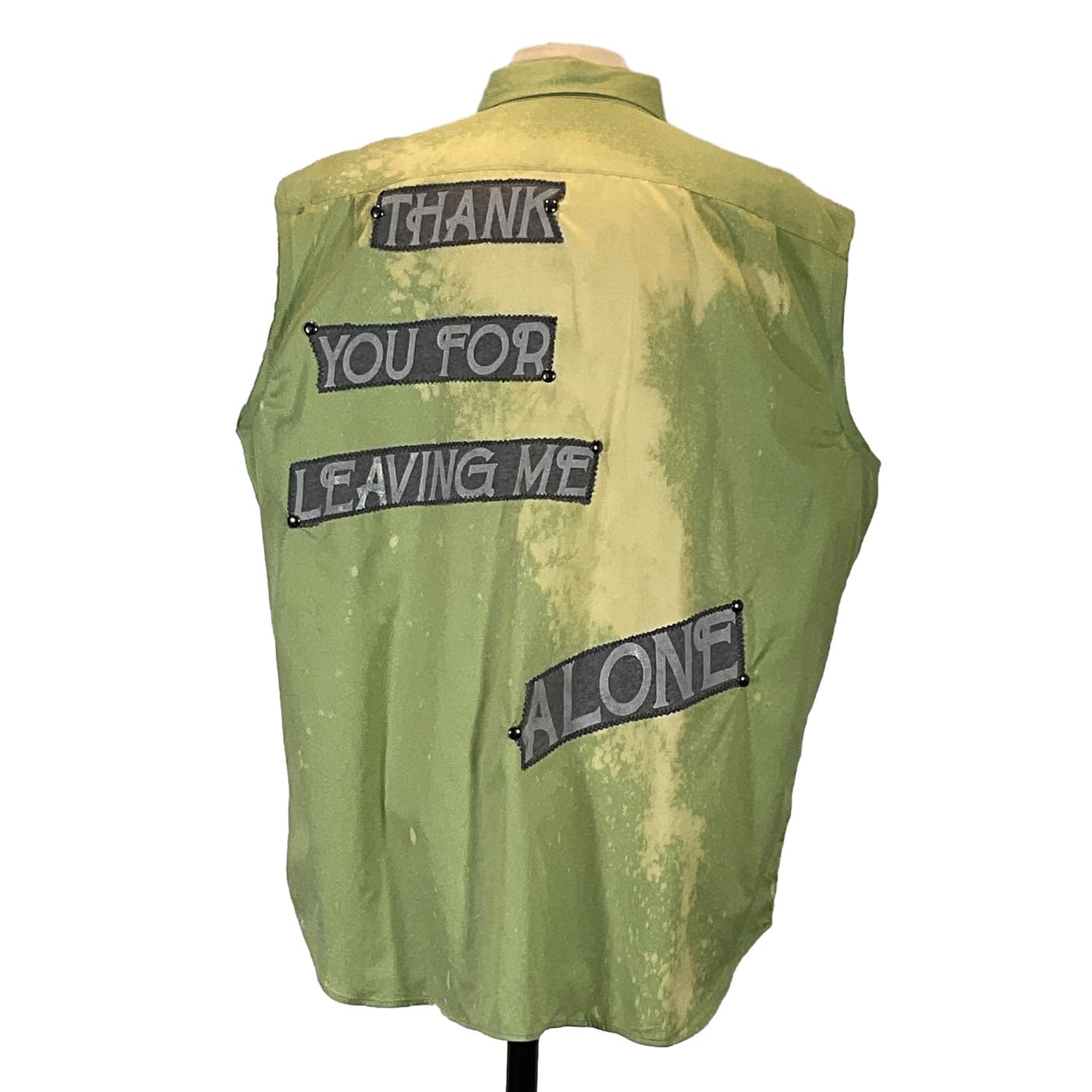 Men's custom sleeveless shirt, green with bold lettering, embodying unique, artistic style. THANK YOU FOR LEAVING ME... design, available in XX-Large, from DEVIOUS SAINT.