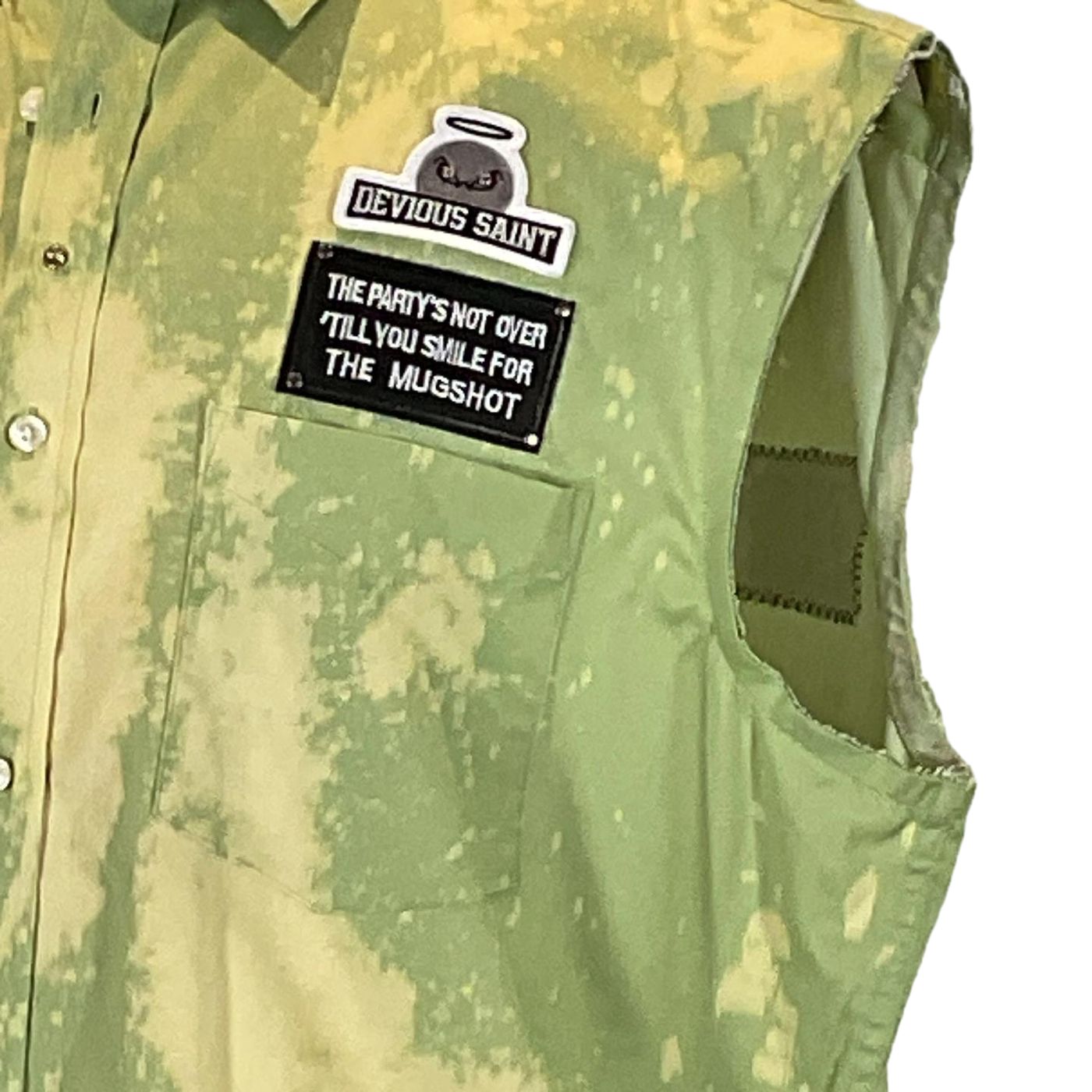 THANK YOU FOR LEAVING ME... Men's Custom Sleeveless Shirt, green vest with distinctive patches, embodying bold, unique design from pre-owned cotton by DEVIOUS SAINT.