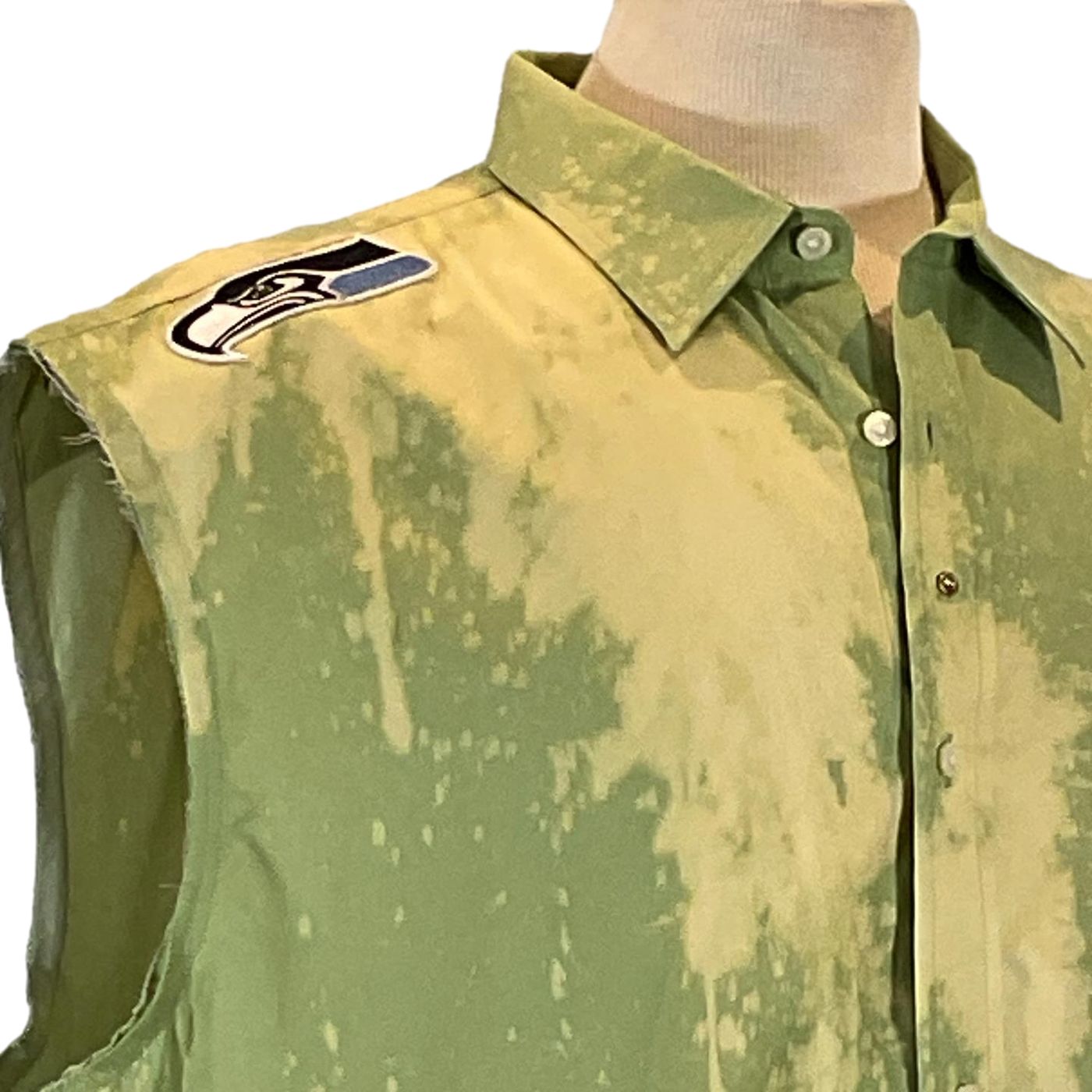 THANK YOU FOR LEAVING ME... Men's Custom Sleeveless Shirt, green with a distinctive patch, showcasing bold, wearable art style by DEVIOUS SAINT. Size: XX-Large.