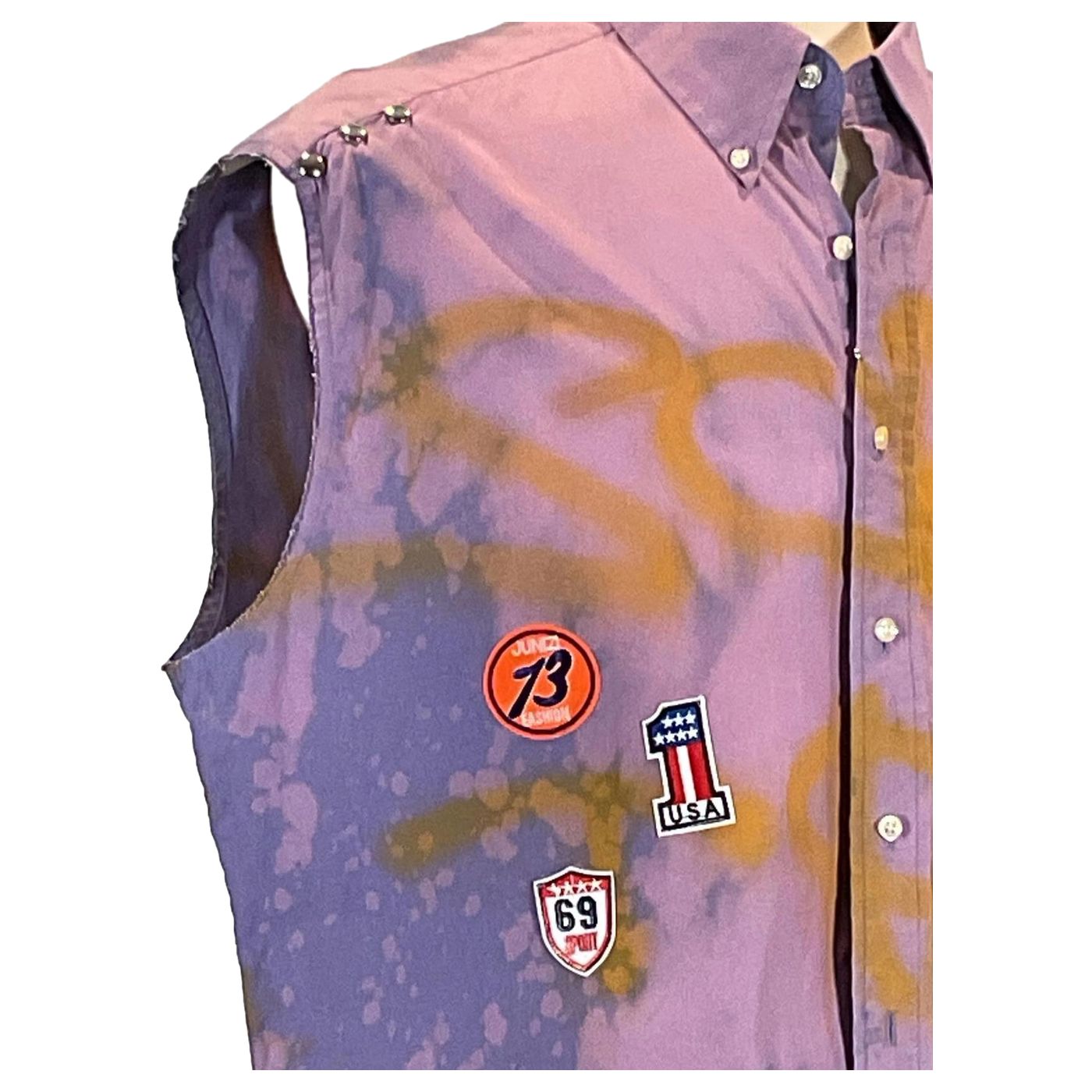 DEVIOUS SAINT Men's Custom Sleeveless Shirt featuring unique patches, crafted from pre-owned cotton, offering a bold and distinctive style in extra-large size.