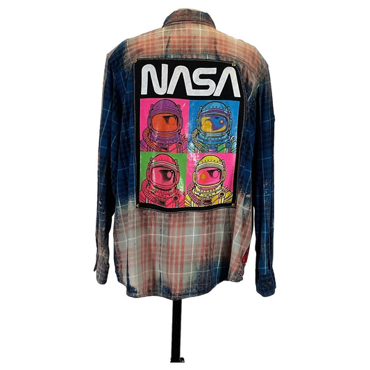 NASA Men's Custom Long-Sleeve Flannel Shirt featuring a plaid design with astronaut-themed patches, crafted as wearable art from pre-owned, 100% cotton garments.