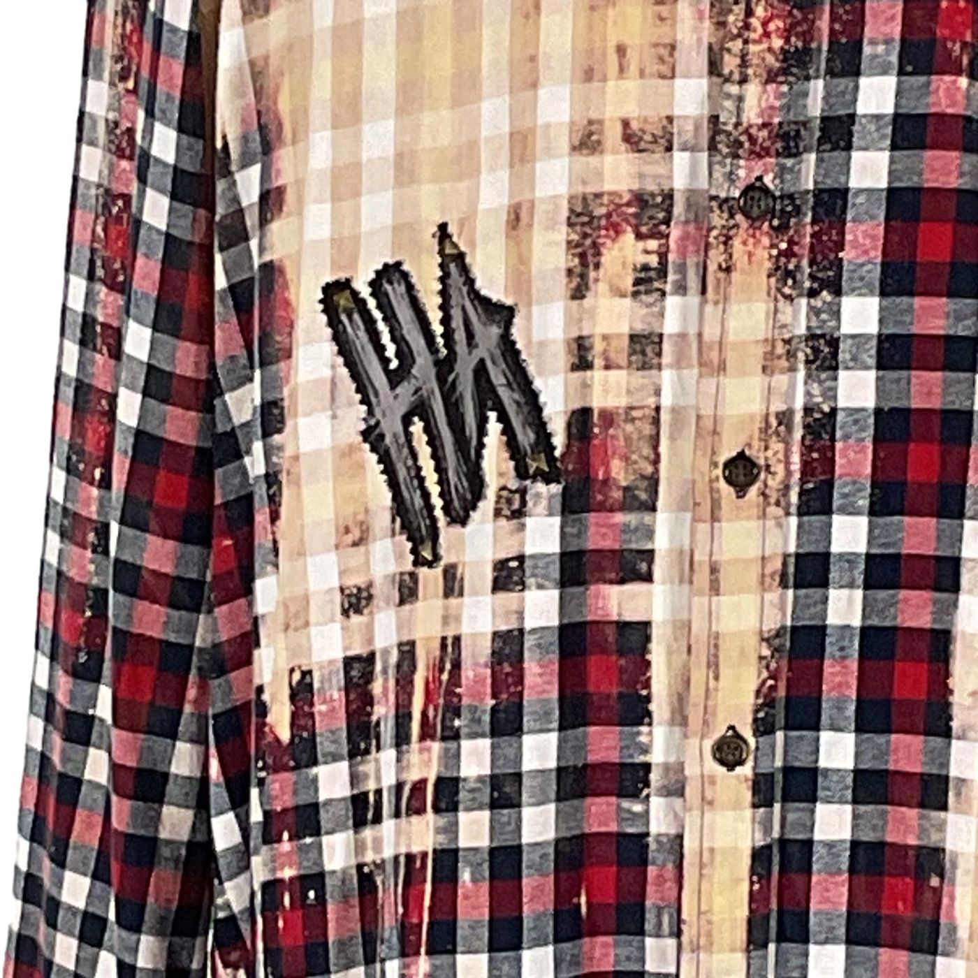 Close-up of the NIRVANA Men's Custom Long-Sleeve Flannel Shirt, featuring a bold red plaid pattern, exemplifying DEVIOUS SAINT's unique and distinctive wearable art style.