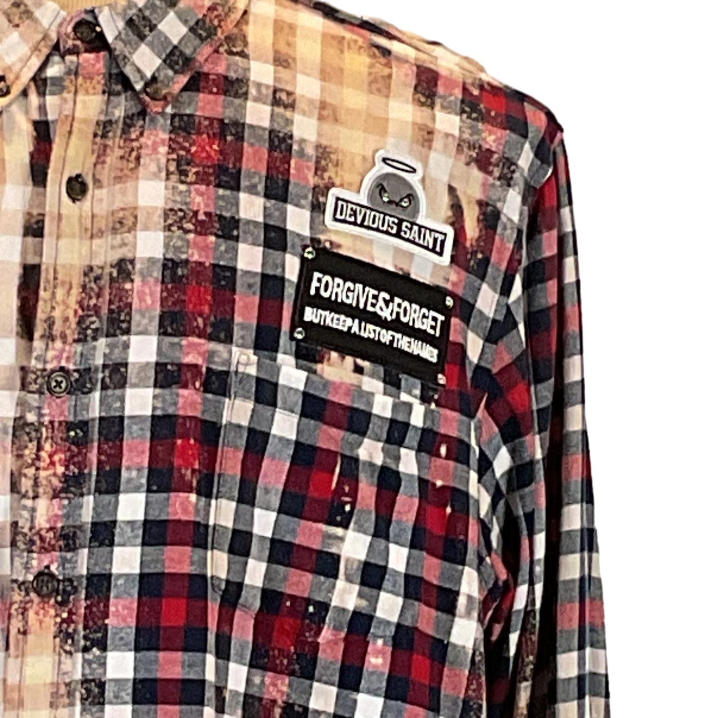 NIRVANA Men's Custom Long-Sleeve Flannel Shirt, close-up of plaid pattern with visible button details, capturing the unique and bold design of the garment.