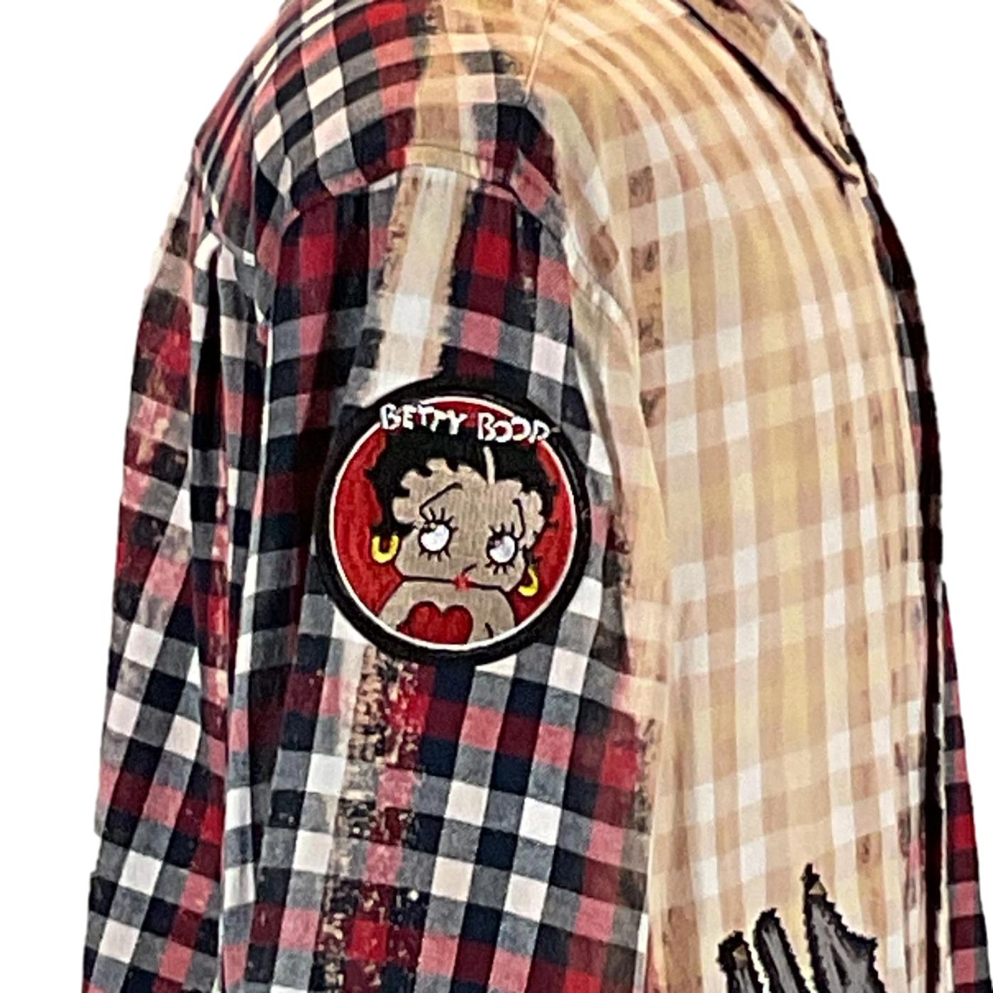 NIRVANA Men's Custom Long-Sleeve Flannel Shirt featuring a plaid pattern and a cartoon character design, exemplifies bold, unique, wearable art from DEVIOUS SAINT.