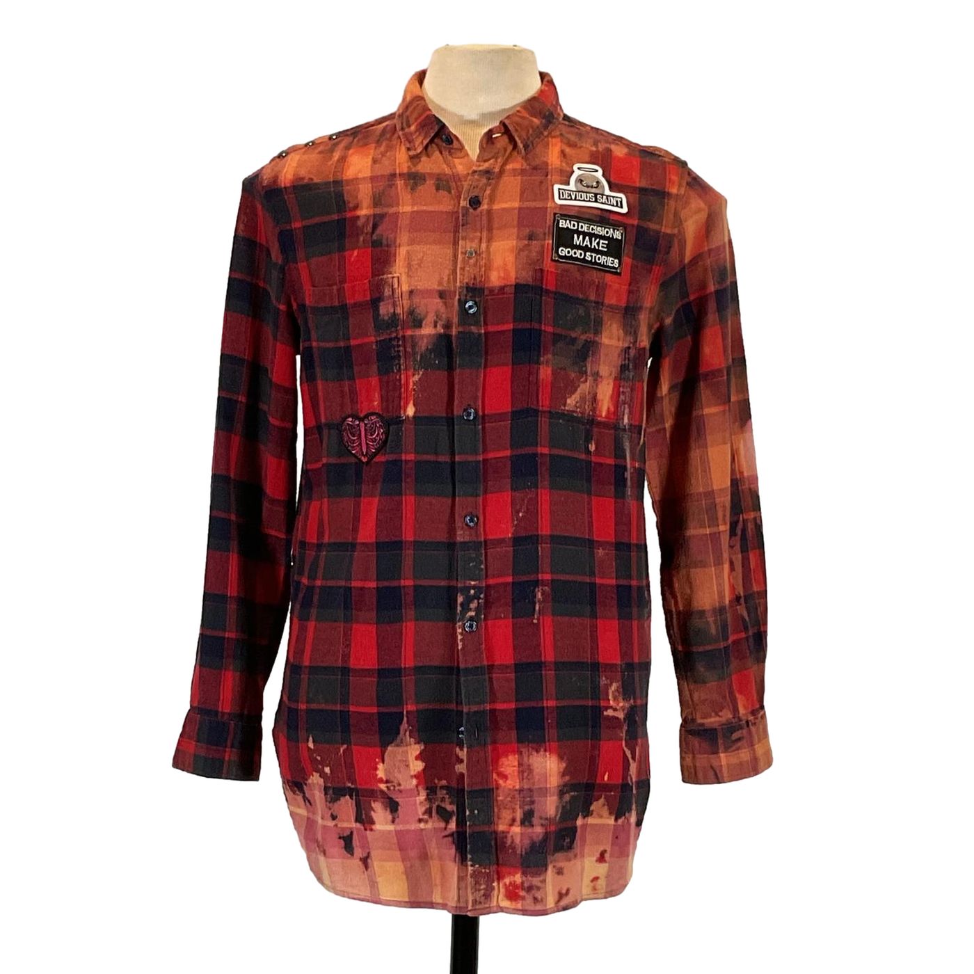 TOO TIRED TO CARE Men's Custom Long-Sleeve Flannel Shirt, featuring a red and black plaid pattern, displayed on a mannequin.
