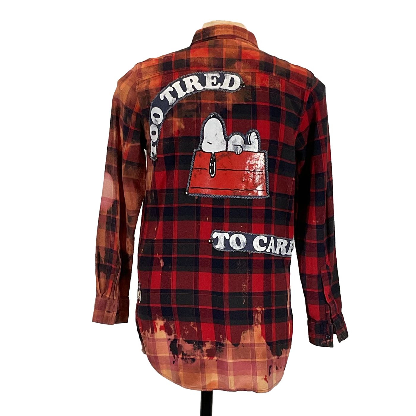 TOO TIRED TO CARE Men's Custom Long-Sleeve Flannel Shirt features a red and black plaid pattern with a cartoon dog on the back.