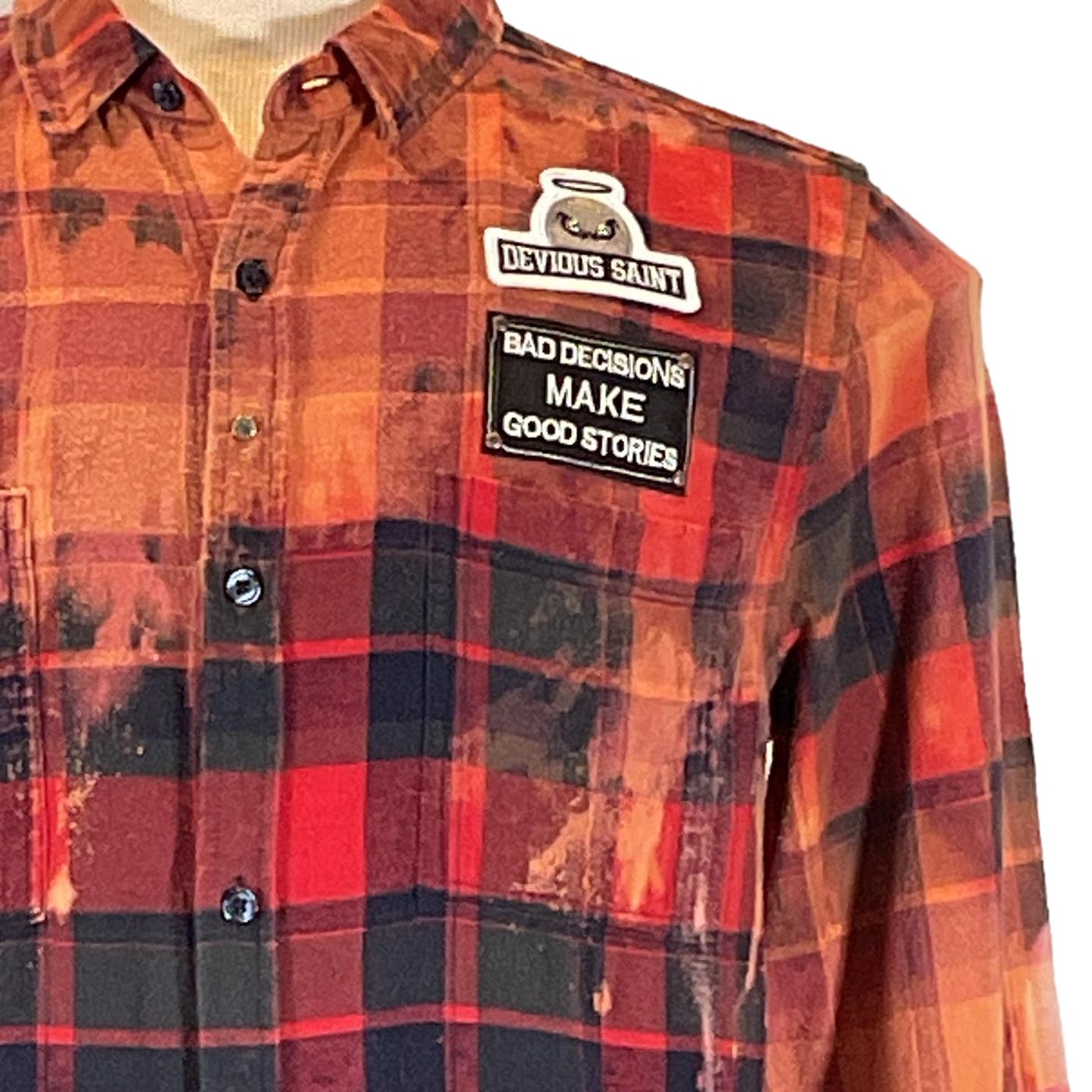 Close-up of the TOO TIRED TO CARE Men's Custom Long-Sleeve Flannel Shirt, featuring a distinctive tartan pattern with buttons and a collar.