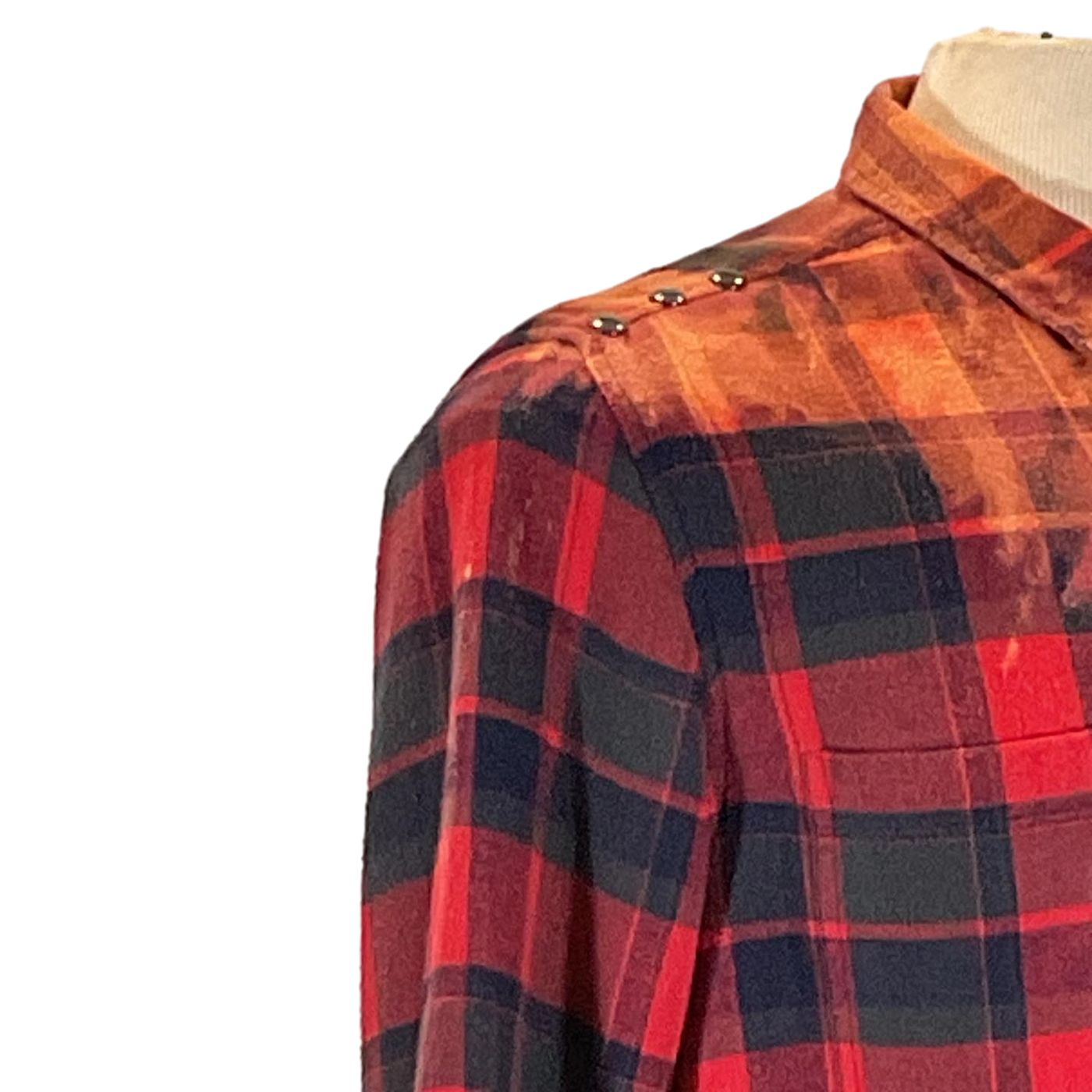 TOO TIRED TO CARE Men's Custom Long-Sleeve Flannel Shirt featuring a red and black plaid pattern, emphasizing unique style and distinct craftsmanship.