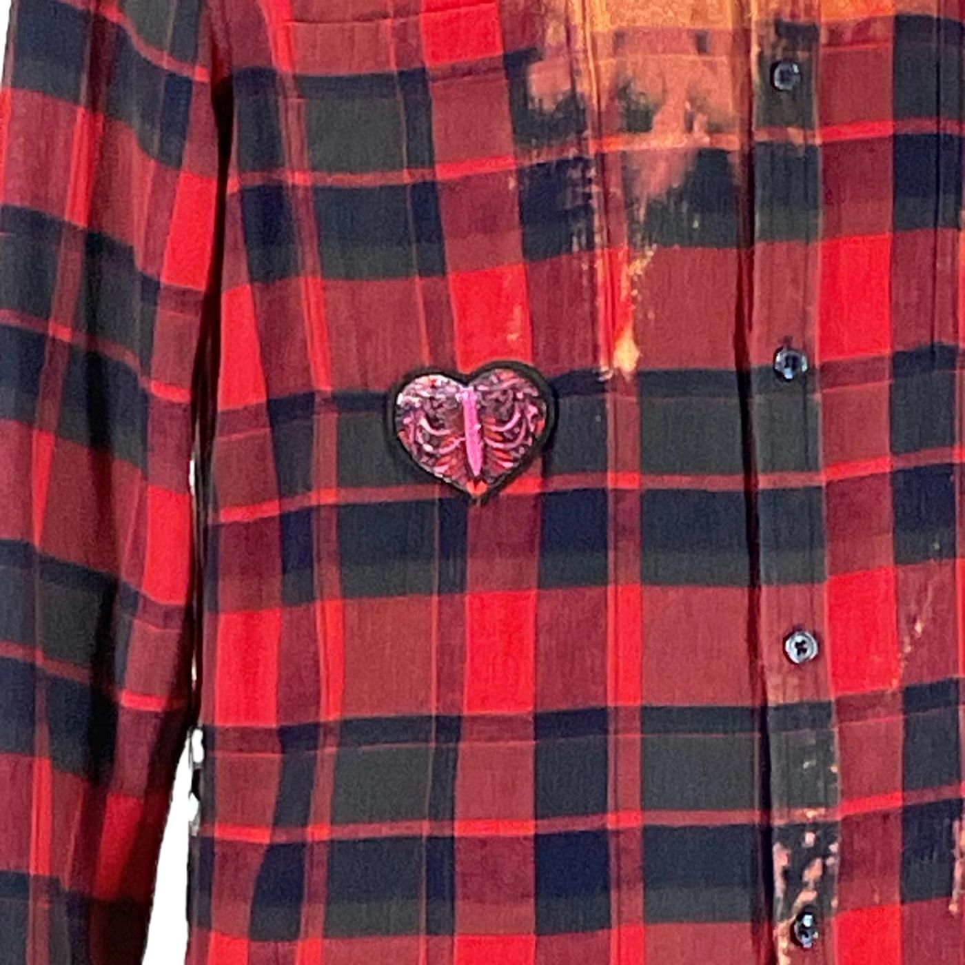 TOO TIRED TO CARE Men's Custom Long-Sleeve Flannel Shirt, featuring a red and black plaid pattern with a heart patch, crafted from pre-owned cotton.