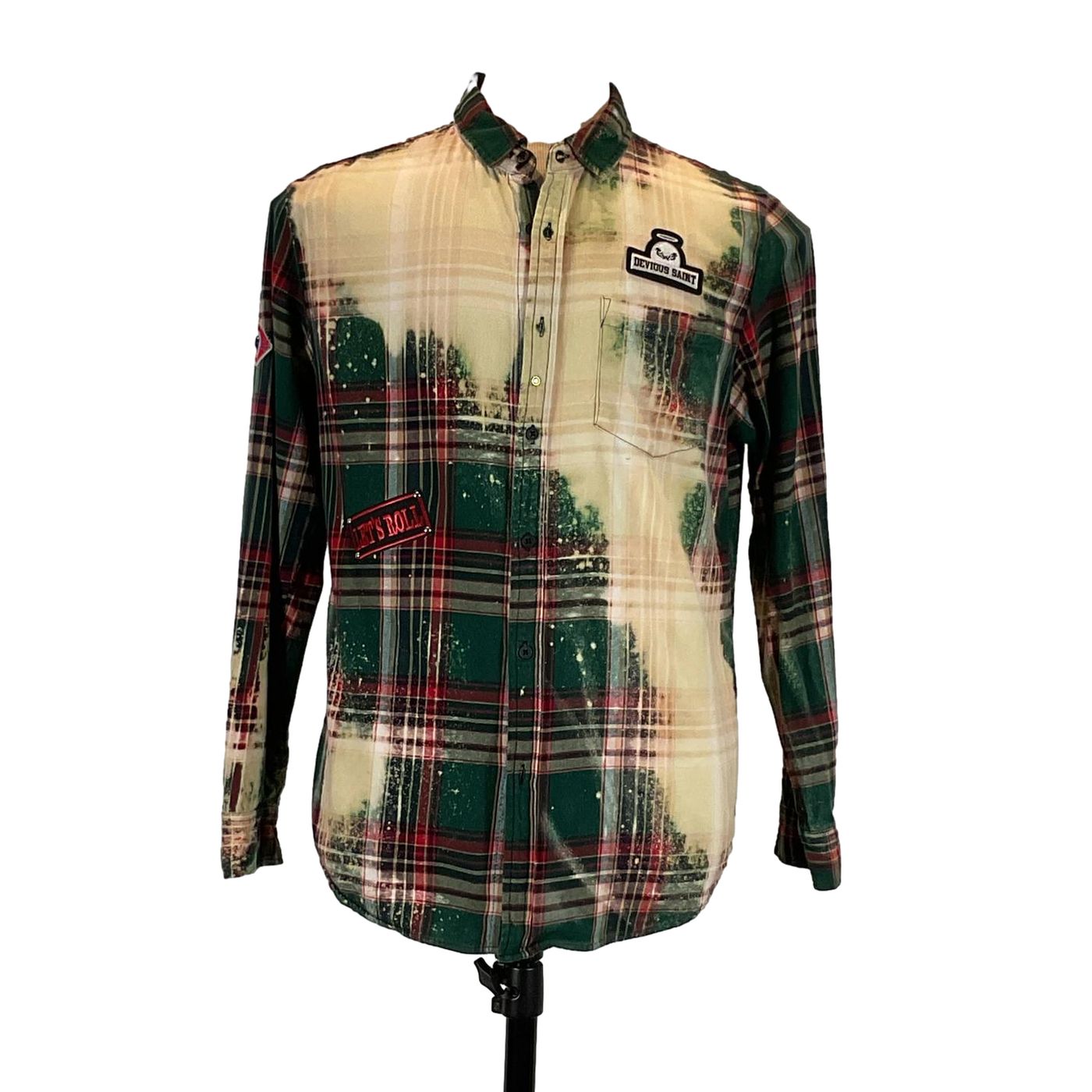 HELLFIRE Men's Custom Long-Sleeve Flannel Shirt, featuring a green and white plaid design with a unique patch, exemplifying bold, distinctive wearable art.
