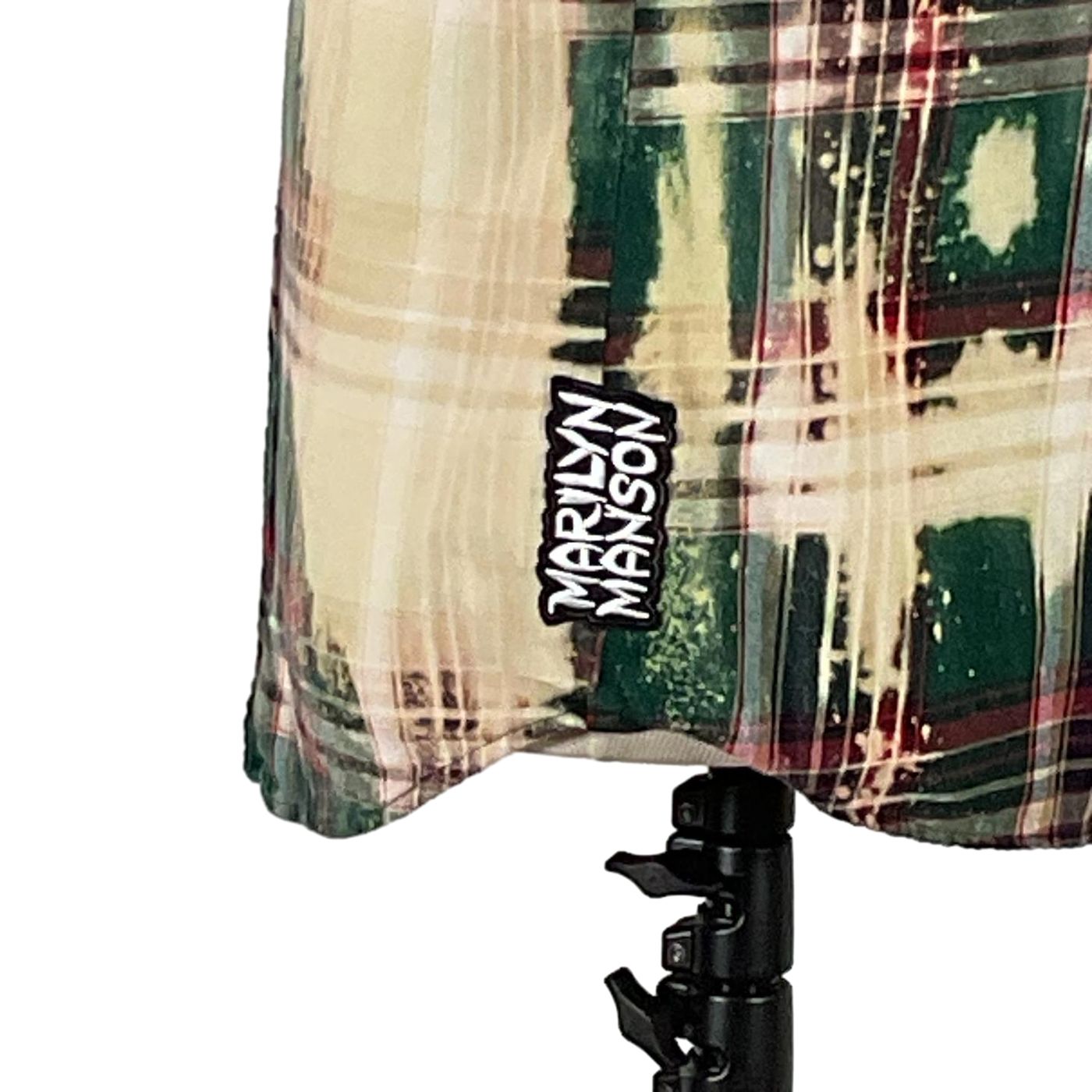 Close-up of HELLFIRE Men's Custom Long-Sleeve Flannel Shirt, featuring intricate textile detail, highlighting its unique and distinctive design by DEVIOUS SAINT.