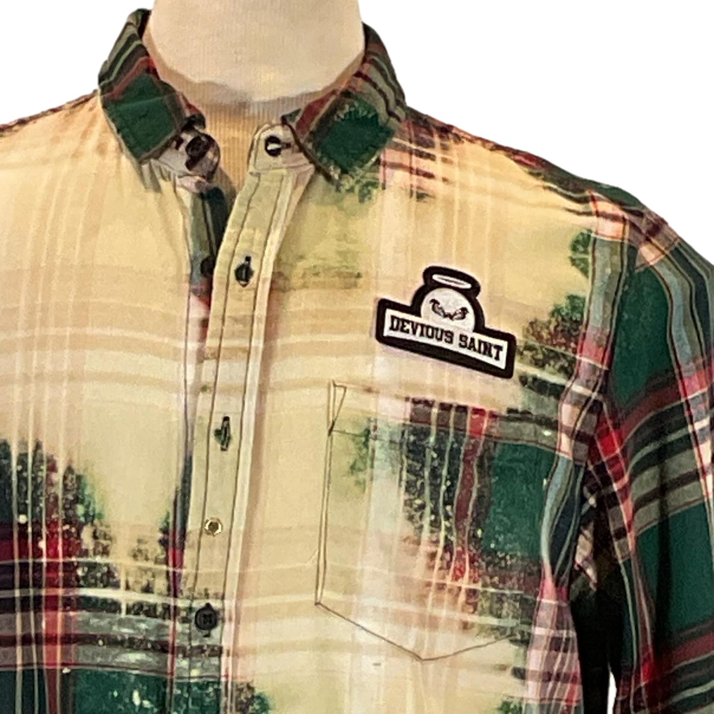 HELLFIRE Men's Custom Long-Sleeve Flannel Shirt showcasing plaid pattern with collar and buttons, embodying bold, unique design from DEVIOUS SAINT.