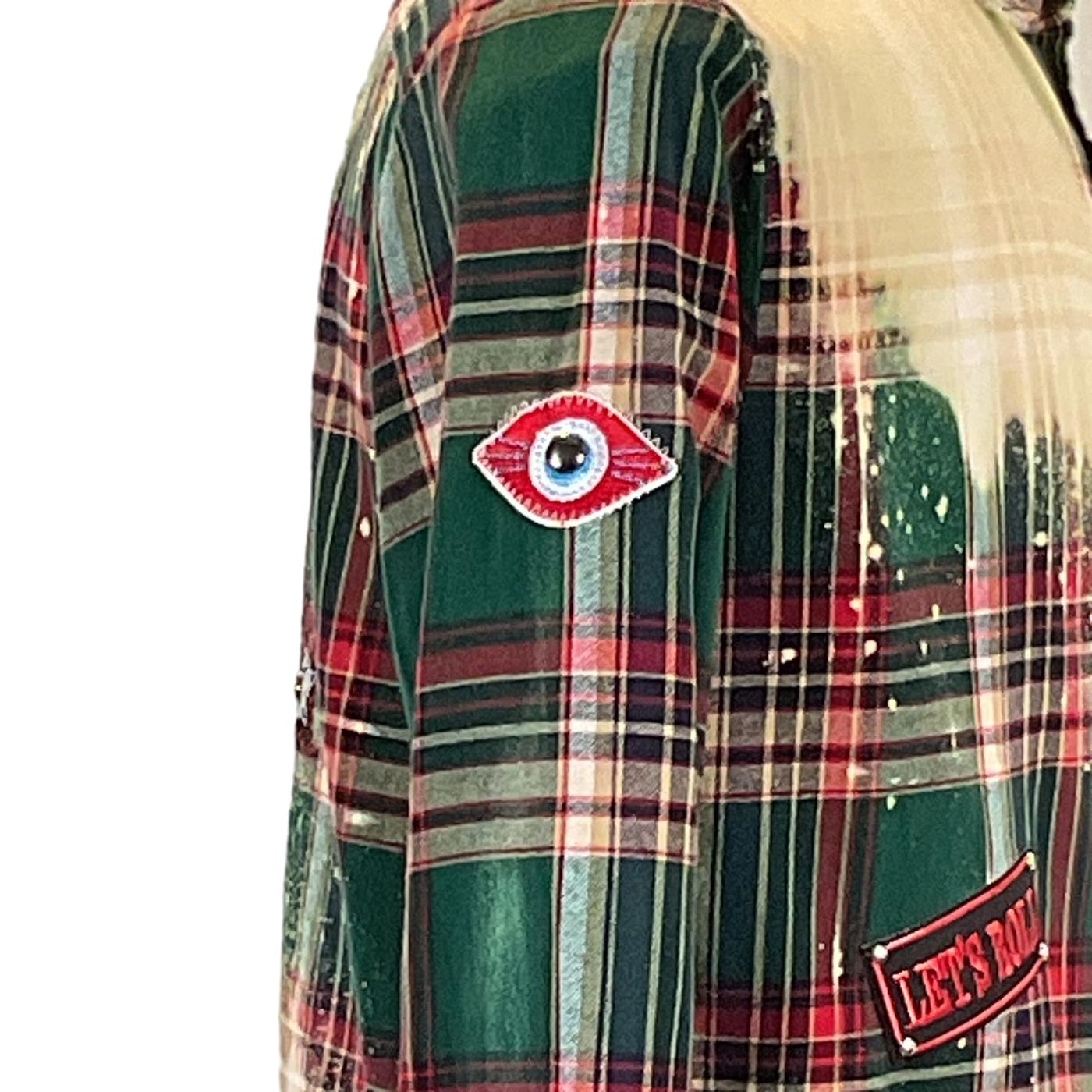 HELLFIRE Men's Custom Long-Sleeve Flannel Shirt featuring a distinctive green and red tartan pattern, showcasing unique, bold design by DEVIOUS SAINT.